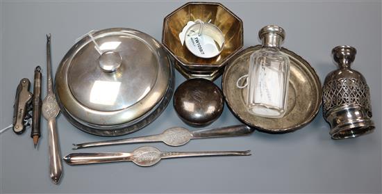 A late Victorian octagonal silver bowl and sundry silver and plated items,